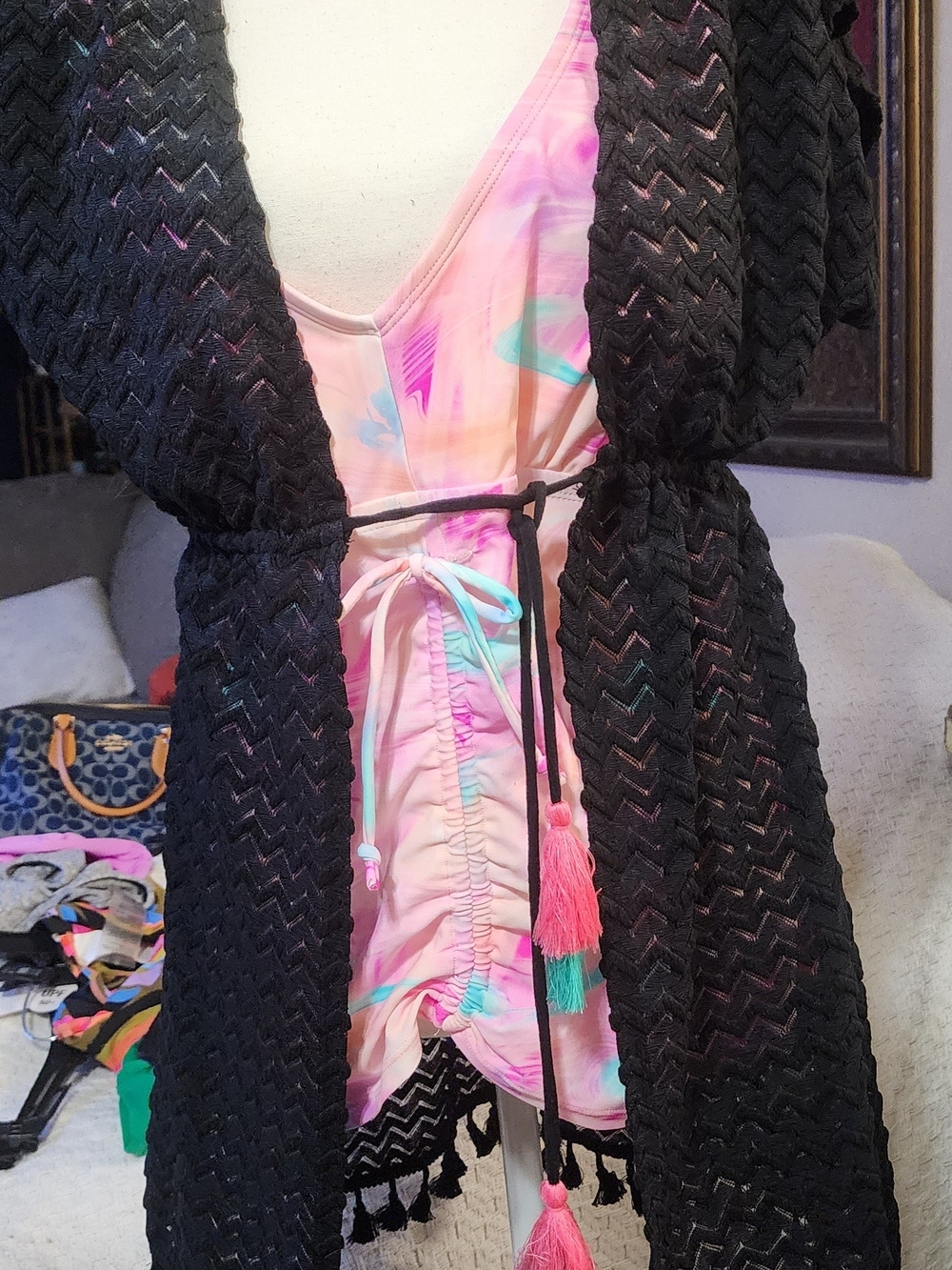 Miken Black Crochet Swim Coverup with Pink & Teal Accents Sz Small NWT